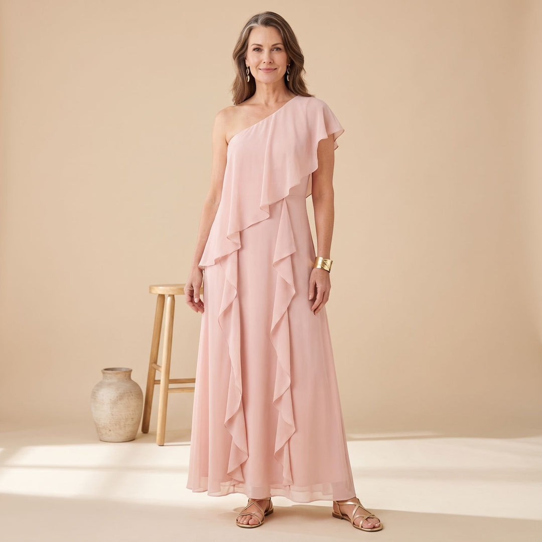 Women's One-Shoulder Cascading Ruffle Maxi Dress