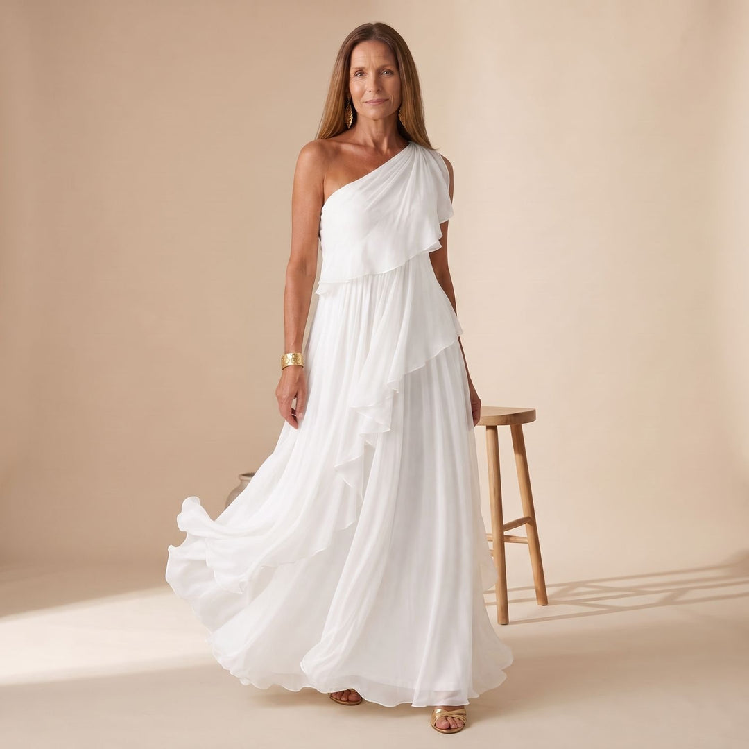 Women's One-Shoulder Cascading Ruffle Maxi Dress - White