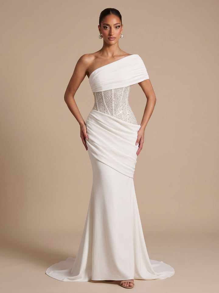 Women's One-Shoulder Embellished Corset Fitted Maxi Gown - White