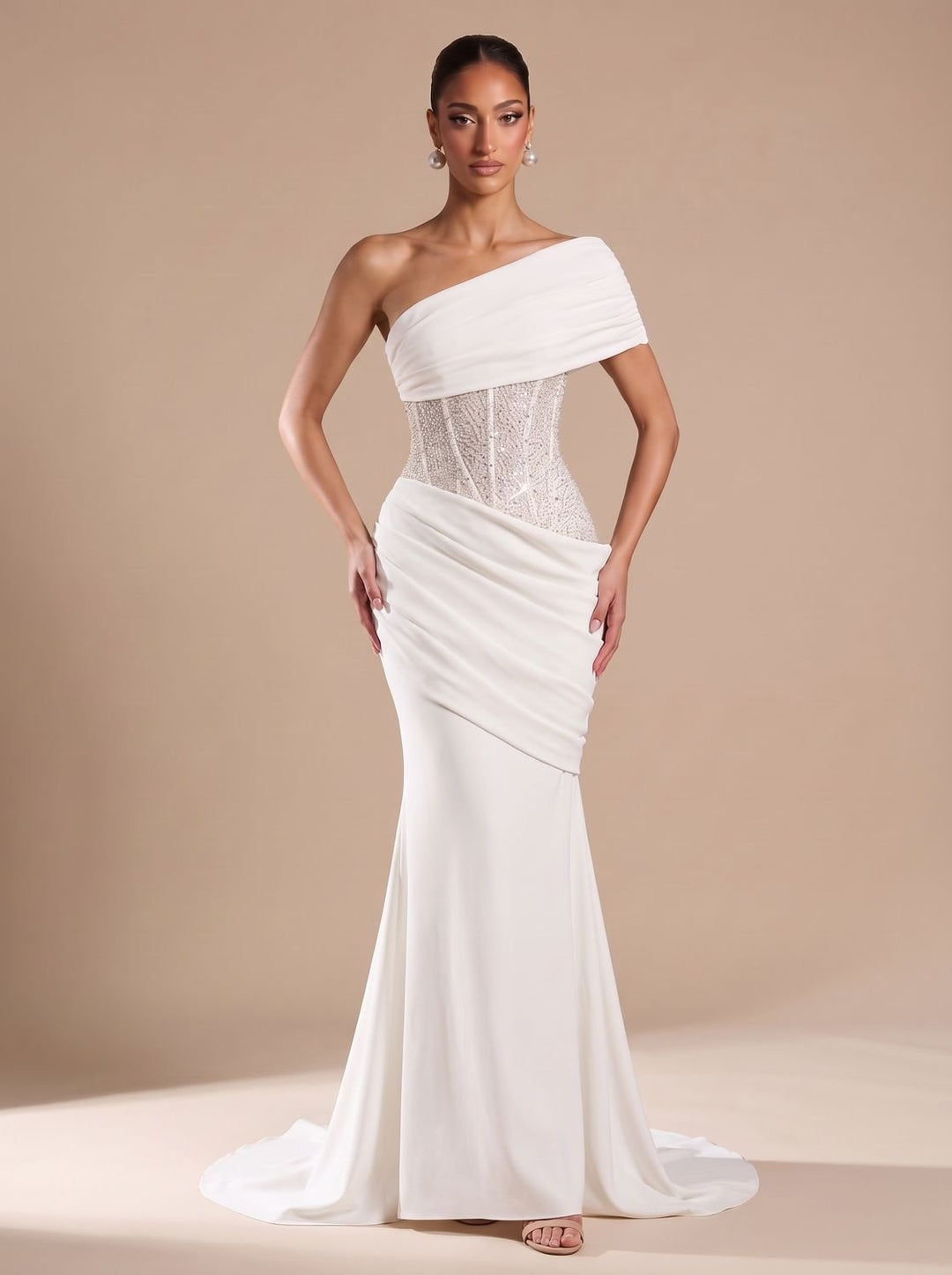 Women's One-Shoulder Embellished Corset Fitted Maxi Gown
