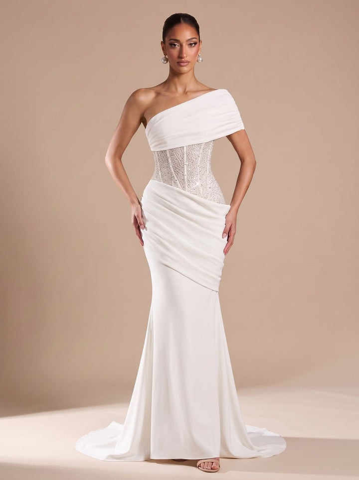 Women's One-Shoulder Embellished Corset Fitted Maxi Gown