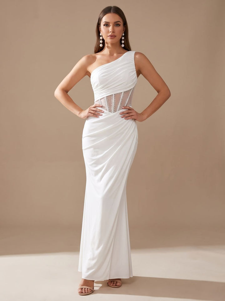 Women's One-Shoulder Embellished Corset Fitted Maxi Gown