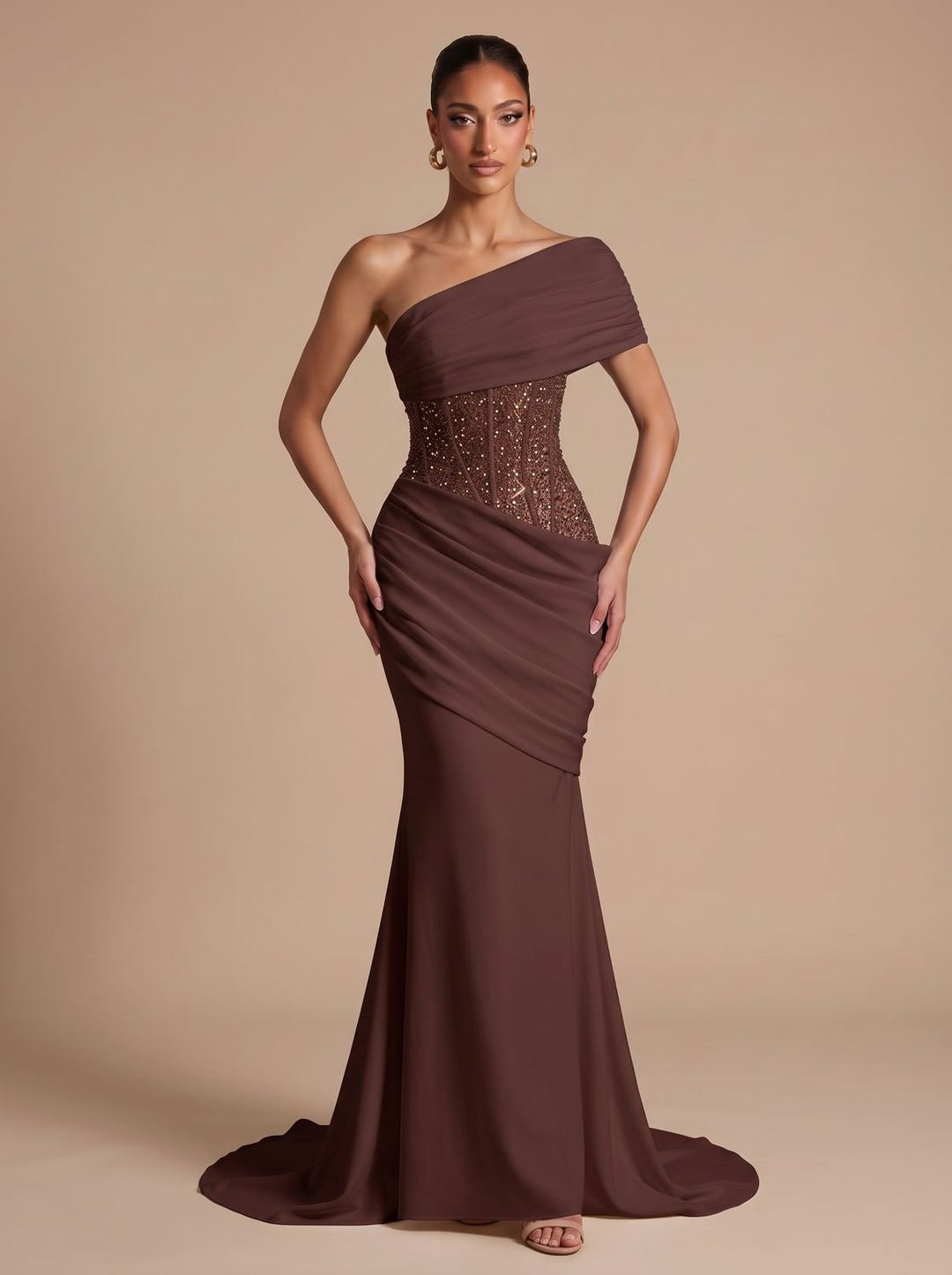 Women's One-Shoulder Embellished Corset Fitted Maxi Gown - Dark Brown