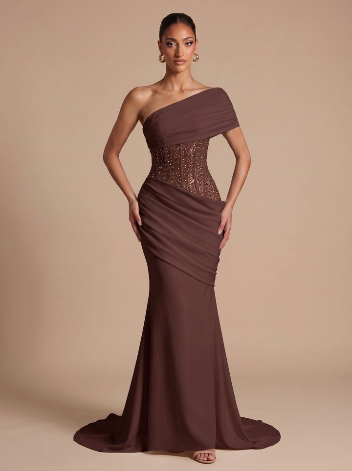 Women's One-Shoulder Embellished Corset Fitted Maxi Gown - Dark Brown