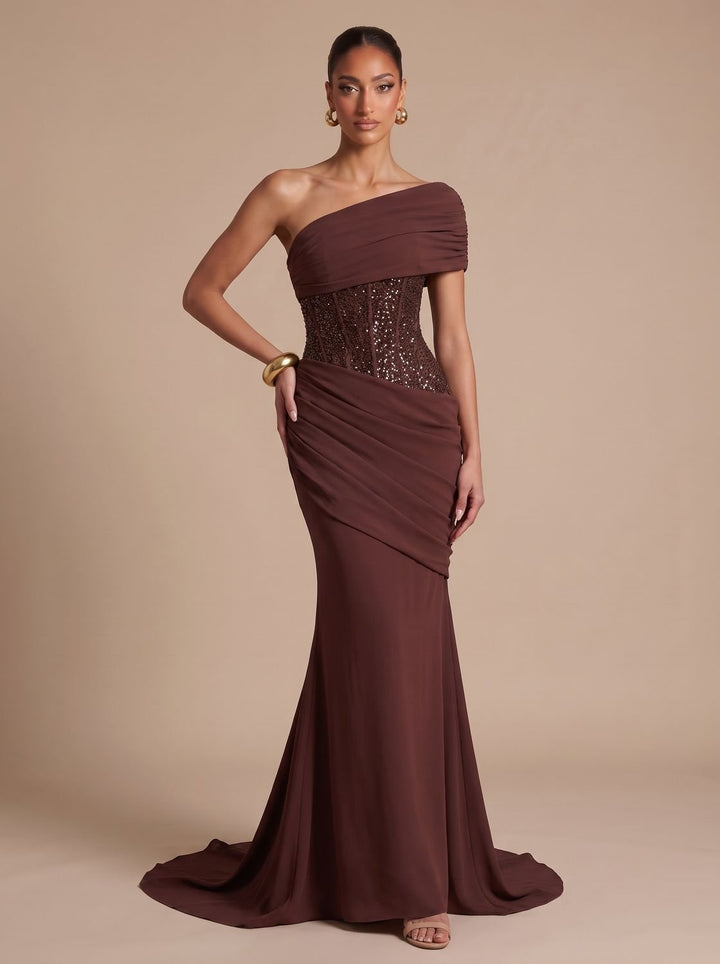 Women's One-Shoulder Embellished Corset Fitted Maxi Gown