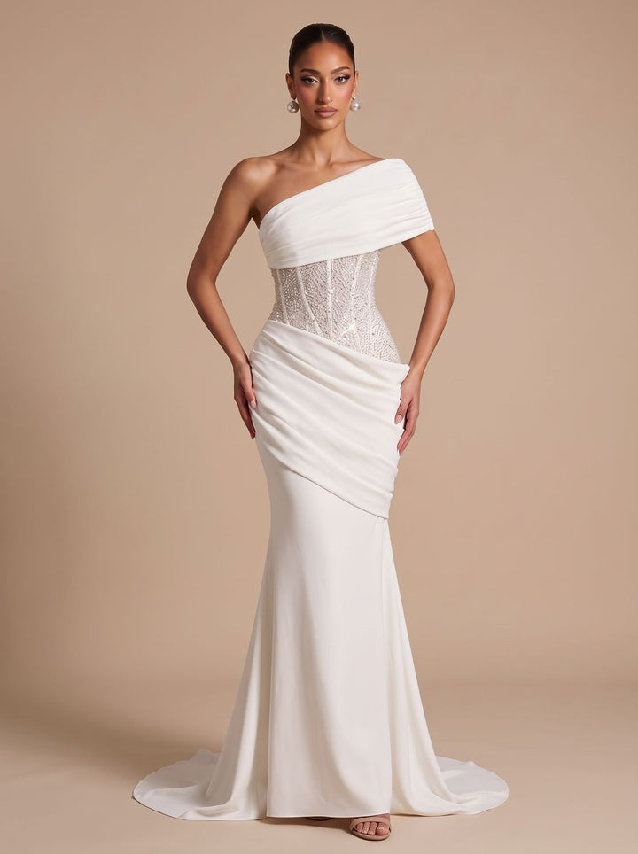 Women's One-Shoulder Embellished Corset Fitted Maxi Gown