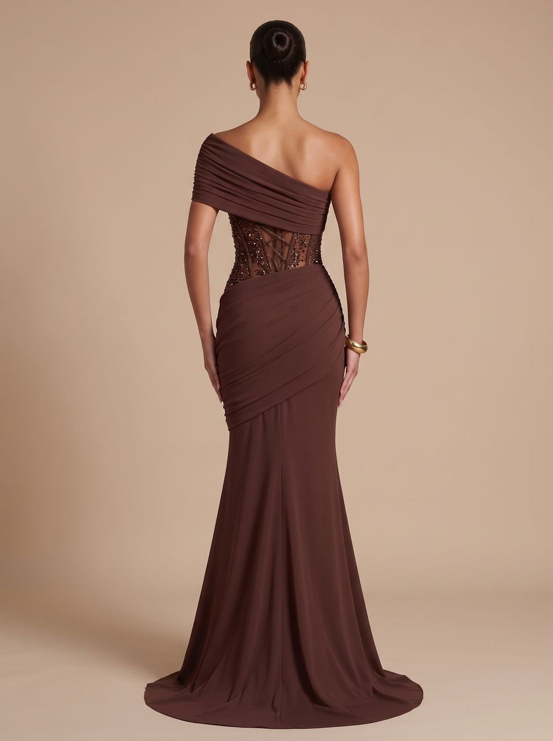 Women's One-Shoulder Embellished Corset Fitted Maxi Gown