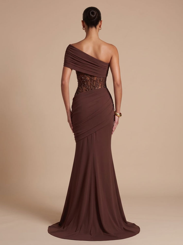 Women's One-Shoulder Embellished Corset Fitted Maxi Gown