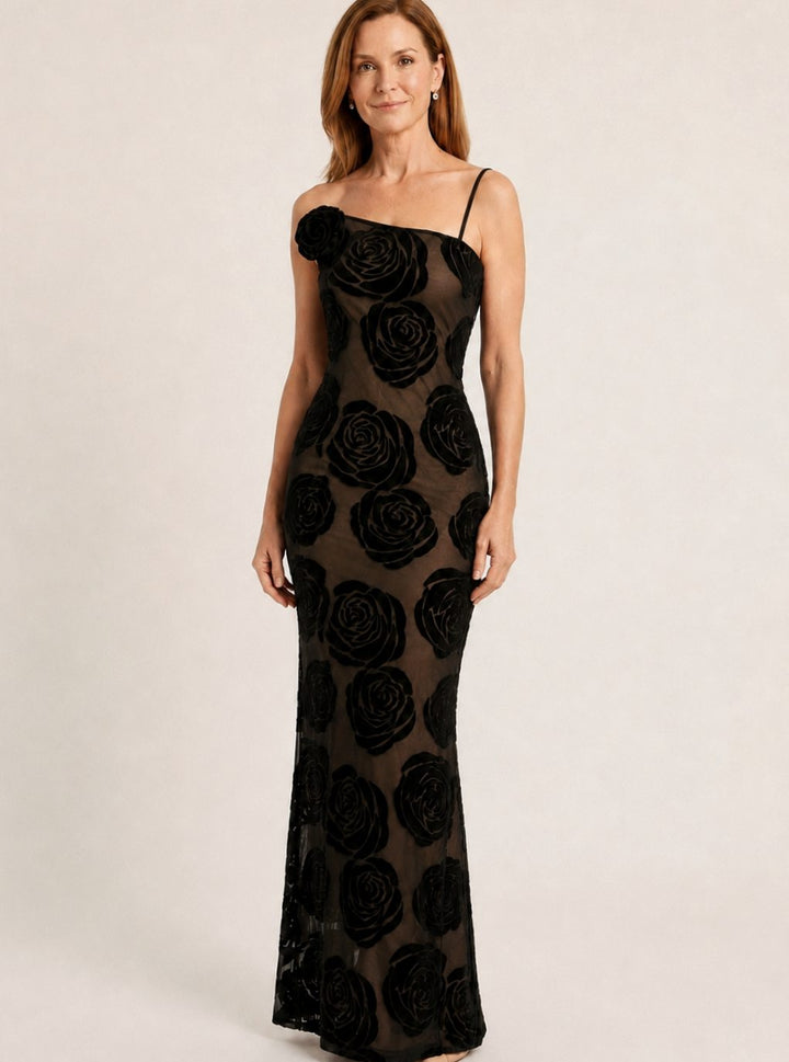 Women's One-Shoulder Floral Lace Fitted Black Maxi Dress - Black