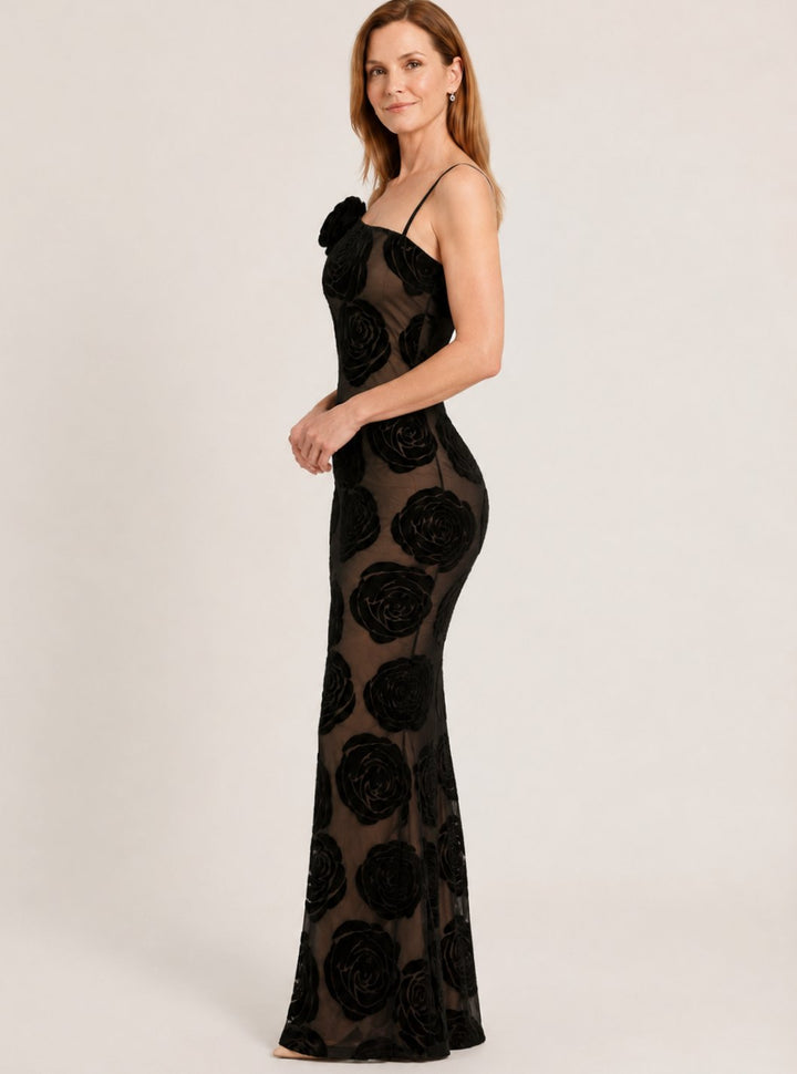 Women's One-Shoulder Floral Lace Fitted Black Maxi Dress