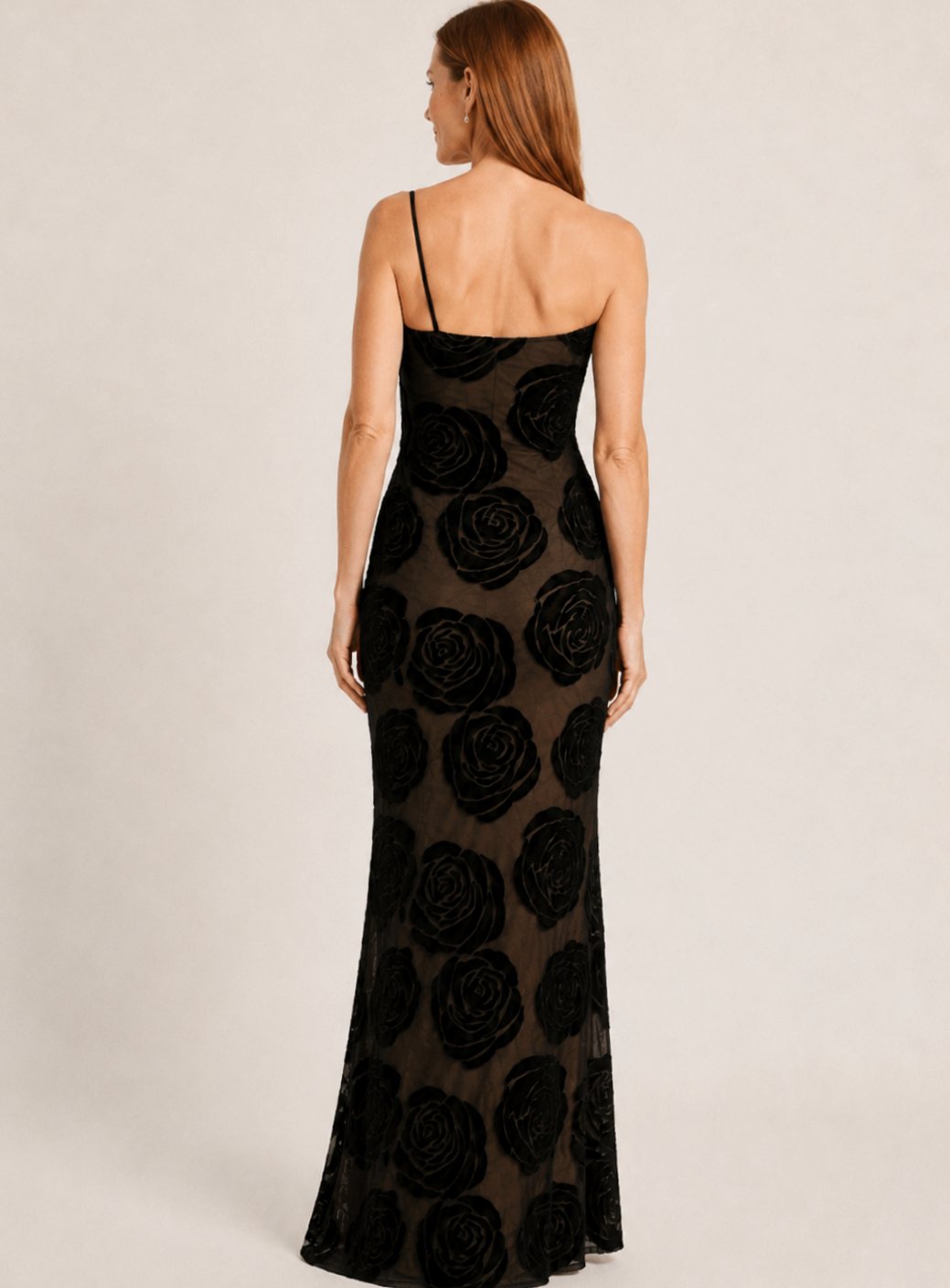 Women's One-Shoulder Floral Lace Fitted Black Maxi Dress
