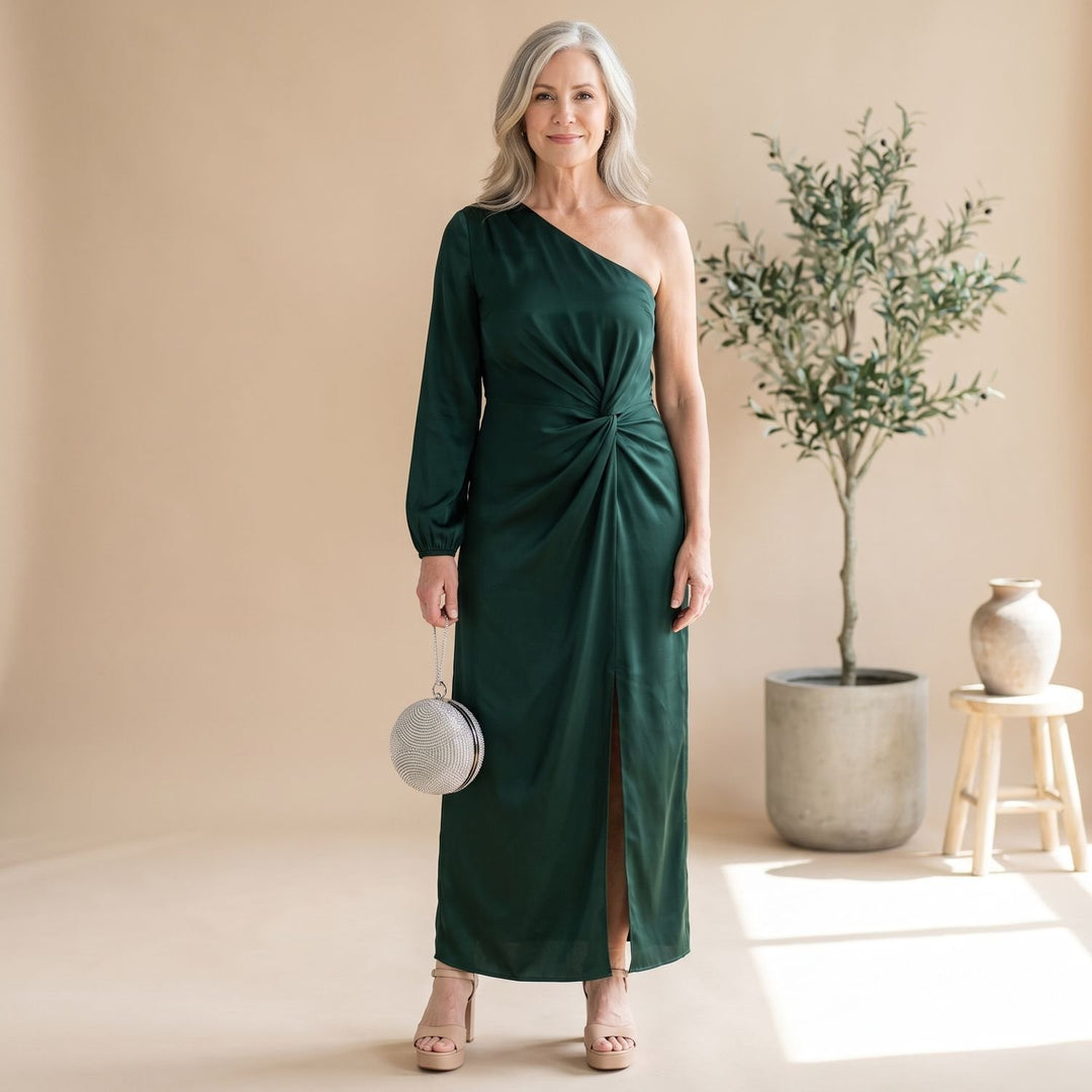 Women's One-Shoulder Long Sleeve Satin Formal Maxi Dress - Dark Green