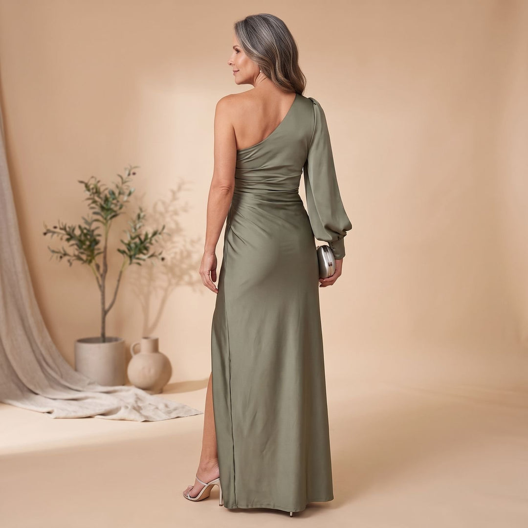 Women's One-Shoulder Long Sleeve Satin Formal Maxi Dress