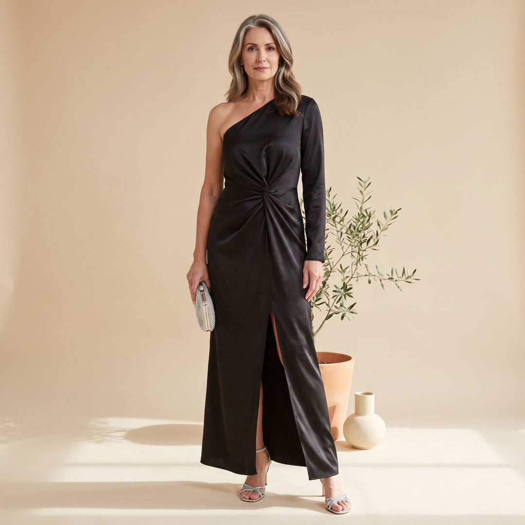 Women's One-Shoulder Long Sleeve Satin Formal Maxi Dress - Black