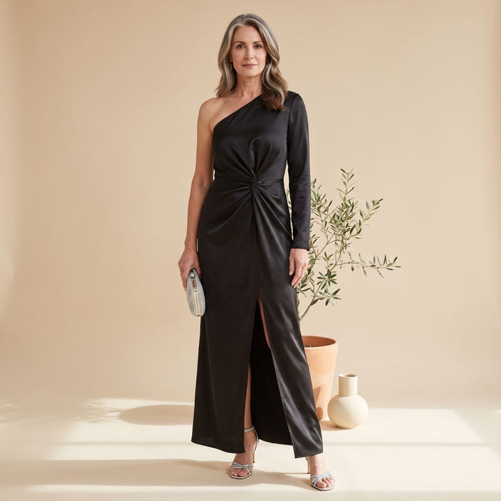 Women's One-Shoulder Long Sleeve Satin Formal Maxi Dress - Black
