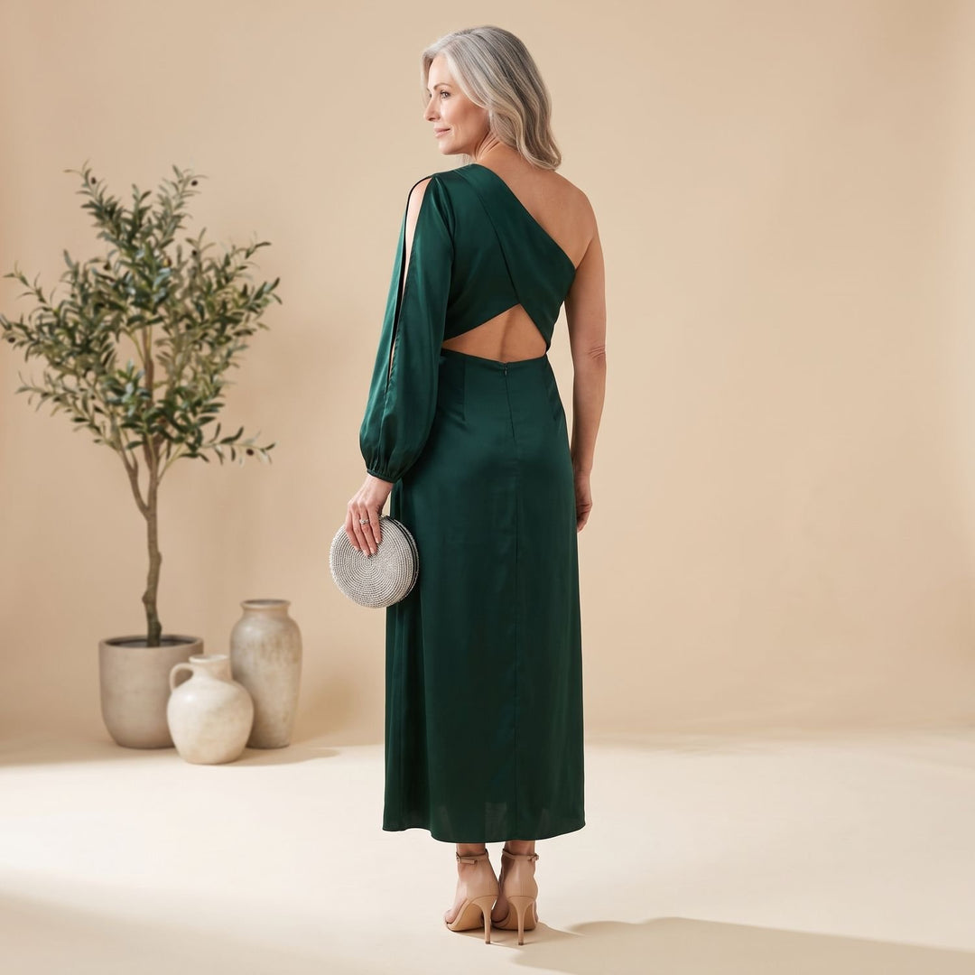 Women's One-Shoulder Long Sleeve Satin Formal Maxi Dress