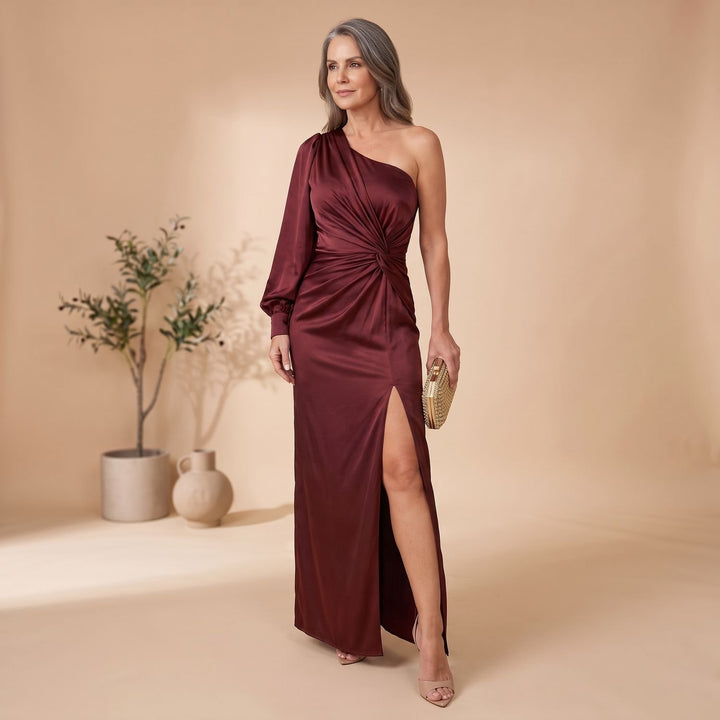 Women's One-Shoulder Long Sleeve Satin Formal Maxi Dress