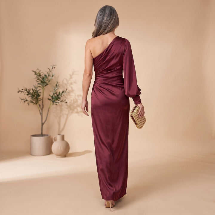 Women's One-Shoulder Long Sleeve Satin Formal Maxi Dress