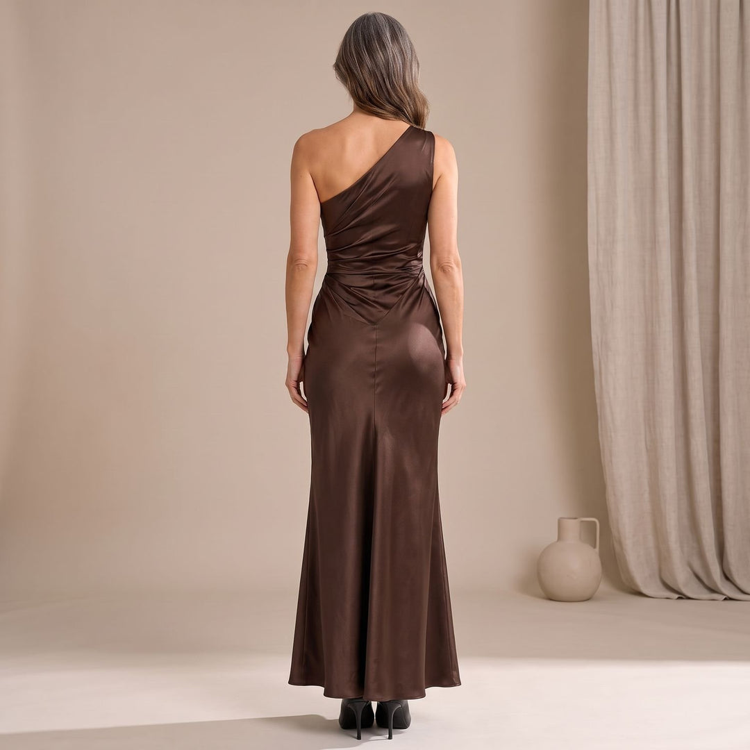 Women's One-Shoulder Ruched Satin Formal Maxi Gown