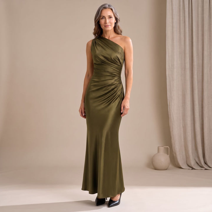 Women's One-Shoulder Ruched Satin Formal Maxi Gown - Green