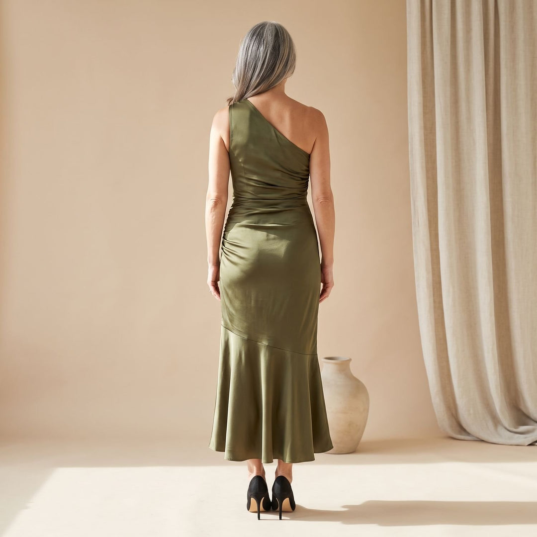 Women's One-Shoulder Ruched Satin Formal Maxi Gown