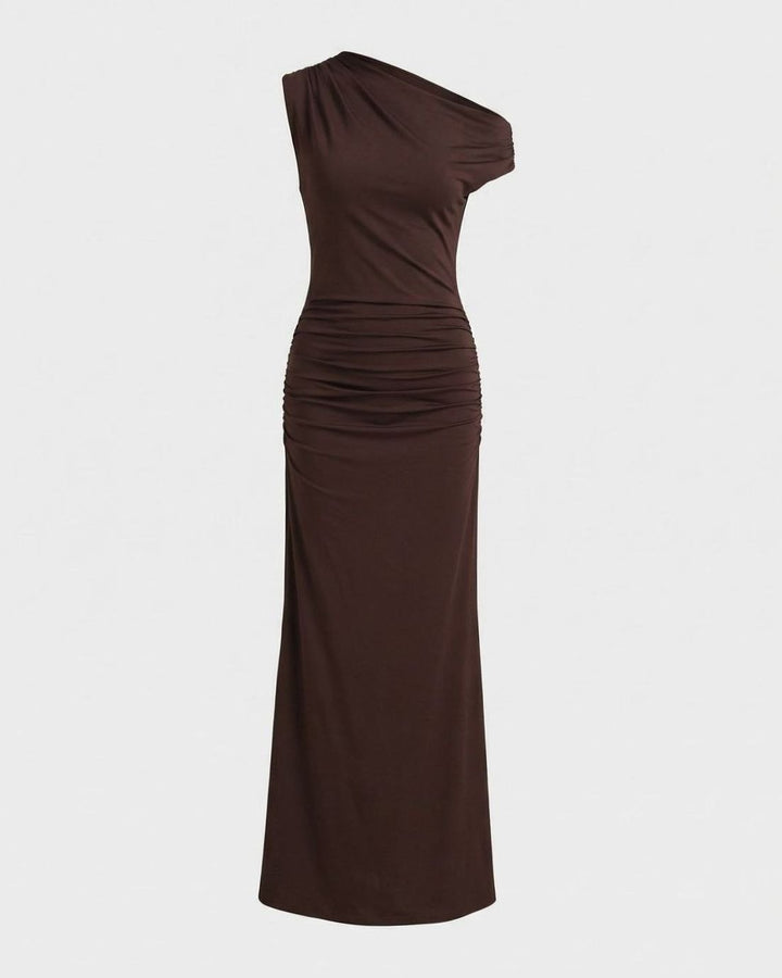 Women's One-Shoulder Ruched Waist Maxi Dress - Brown