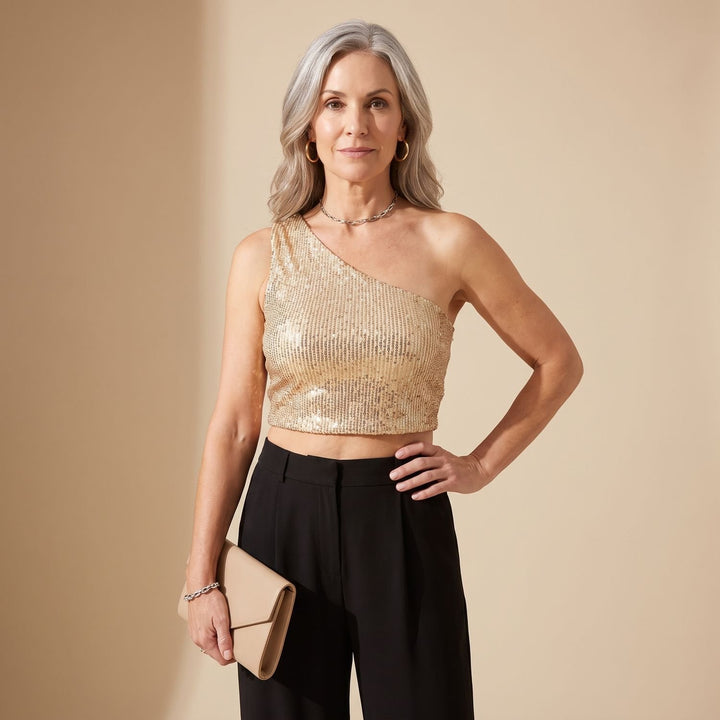 Women's One-Shoulder Sequin Glitter Fitted Crop Top - Gold