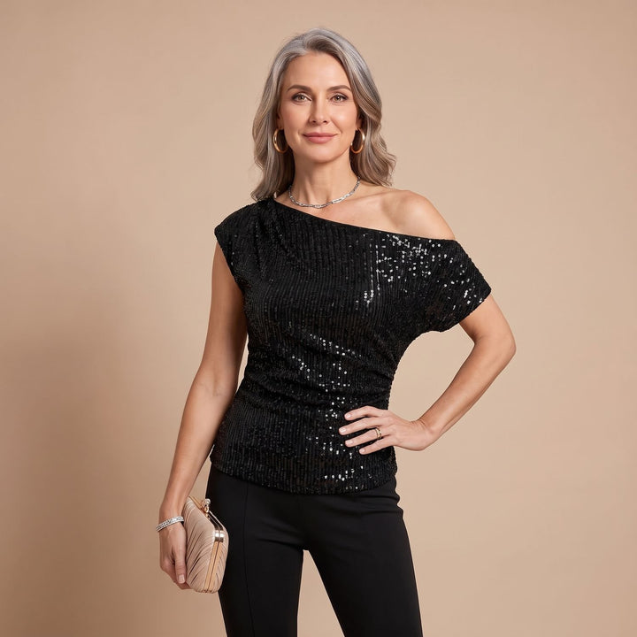 Women's One-Shoulder Sequin Glitter Fitted Crop Top - Black