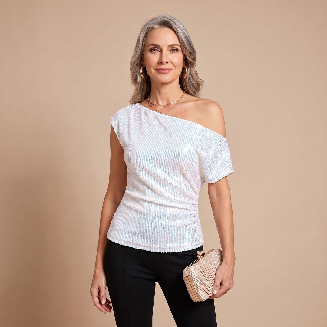 Women's One-Shoulder Sequin Glitter Fitted Crop Top - White