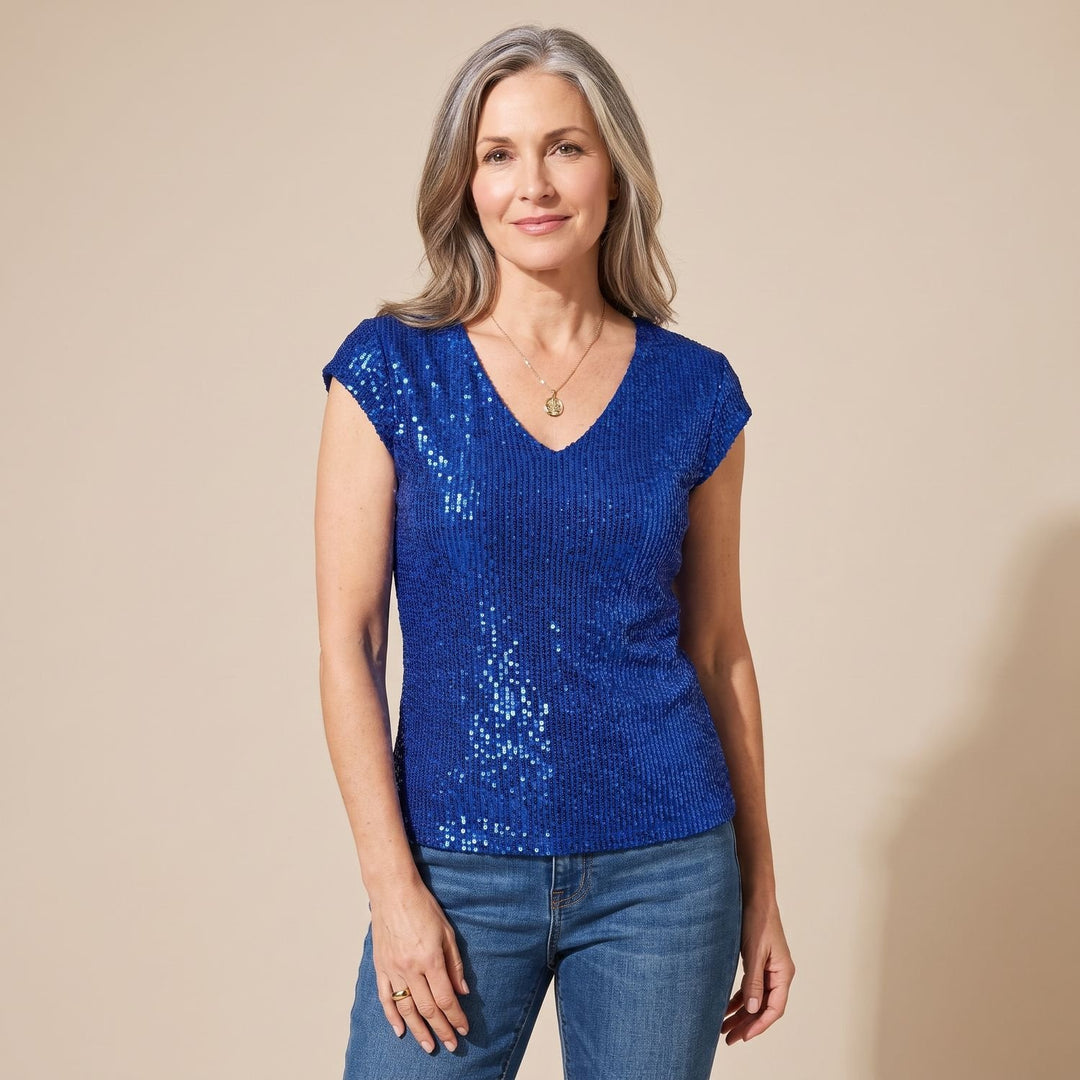 Women's One-Shoulder Sequin Glitter Fitted Crop Top - Blue