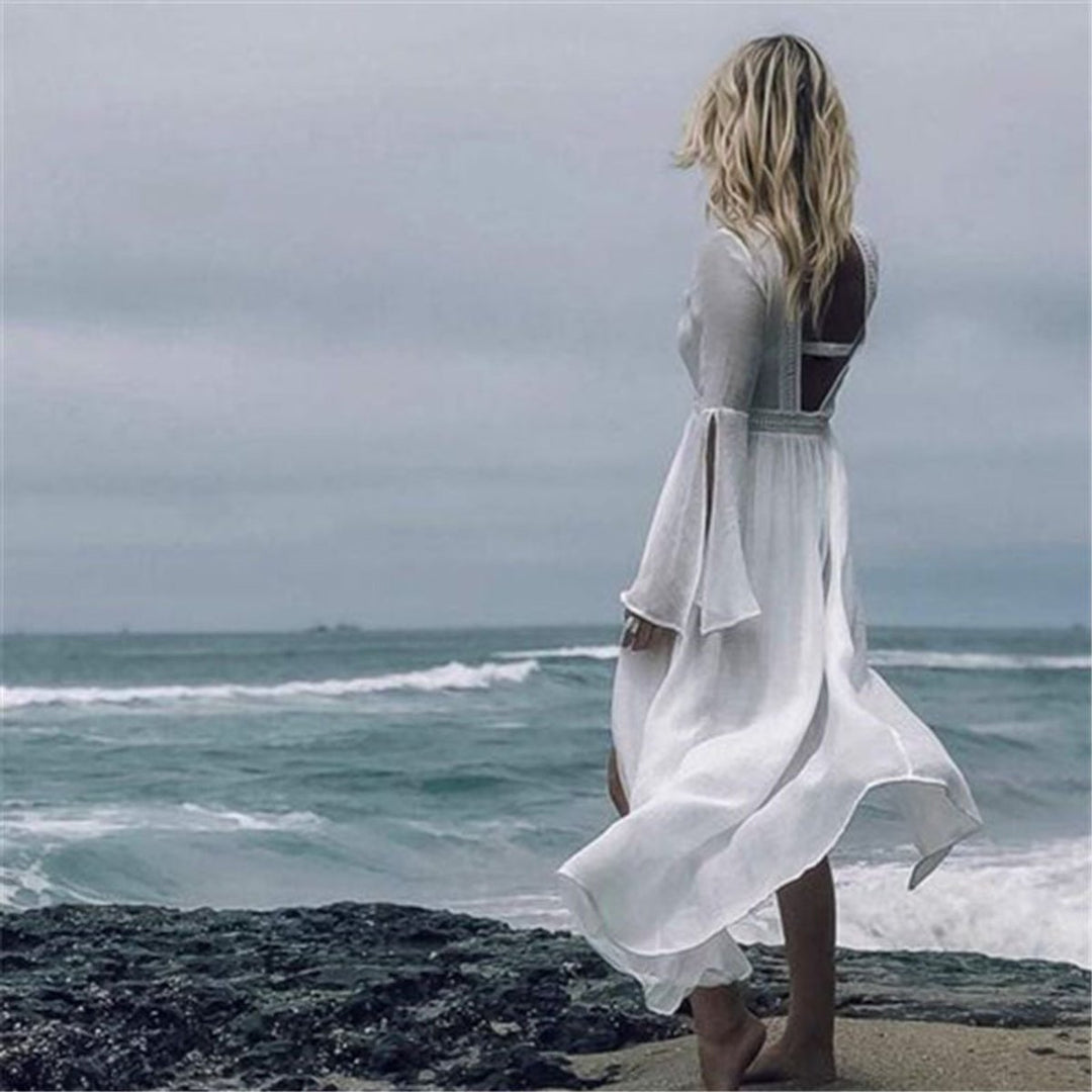 Women's Open-Back Flowy Maxi Beach Tunic Kimono Cover-Up