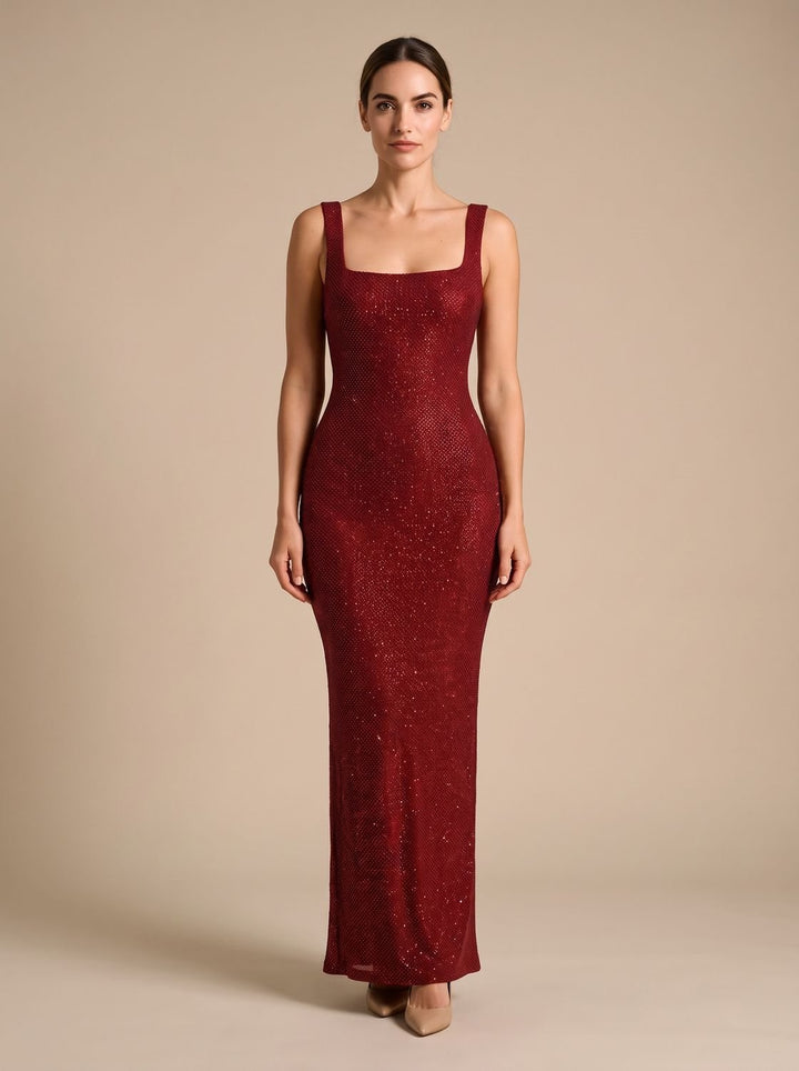 Women's Open-Back Sequin Maxi Dress Square Neckline - Red