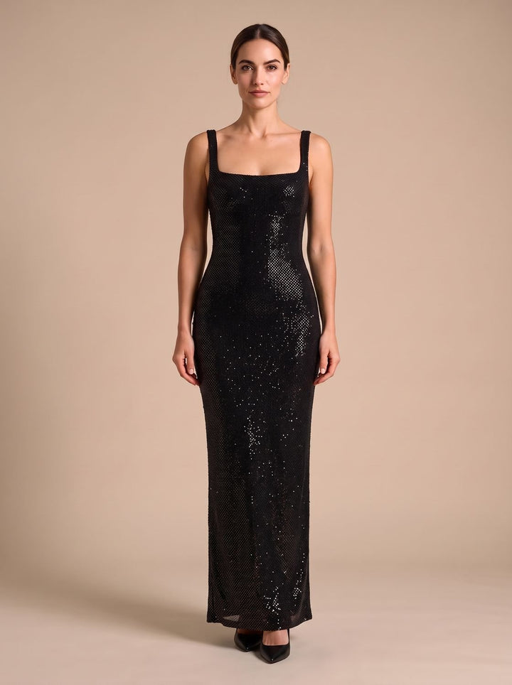 Women's Open-Back Sequin Maxi Dress Square Neckline - Black
