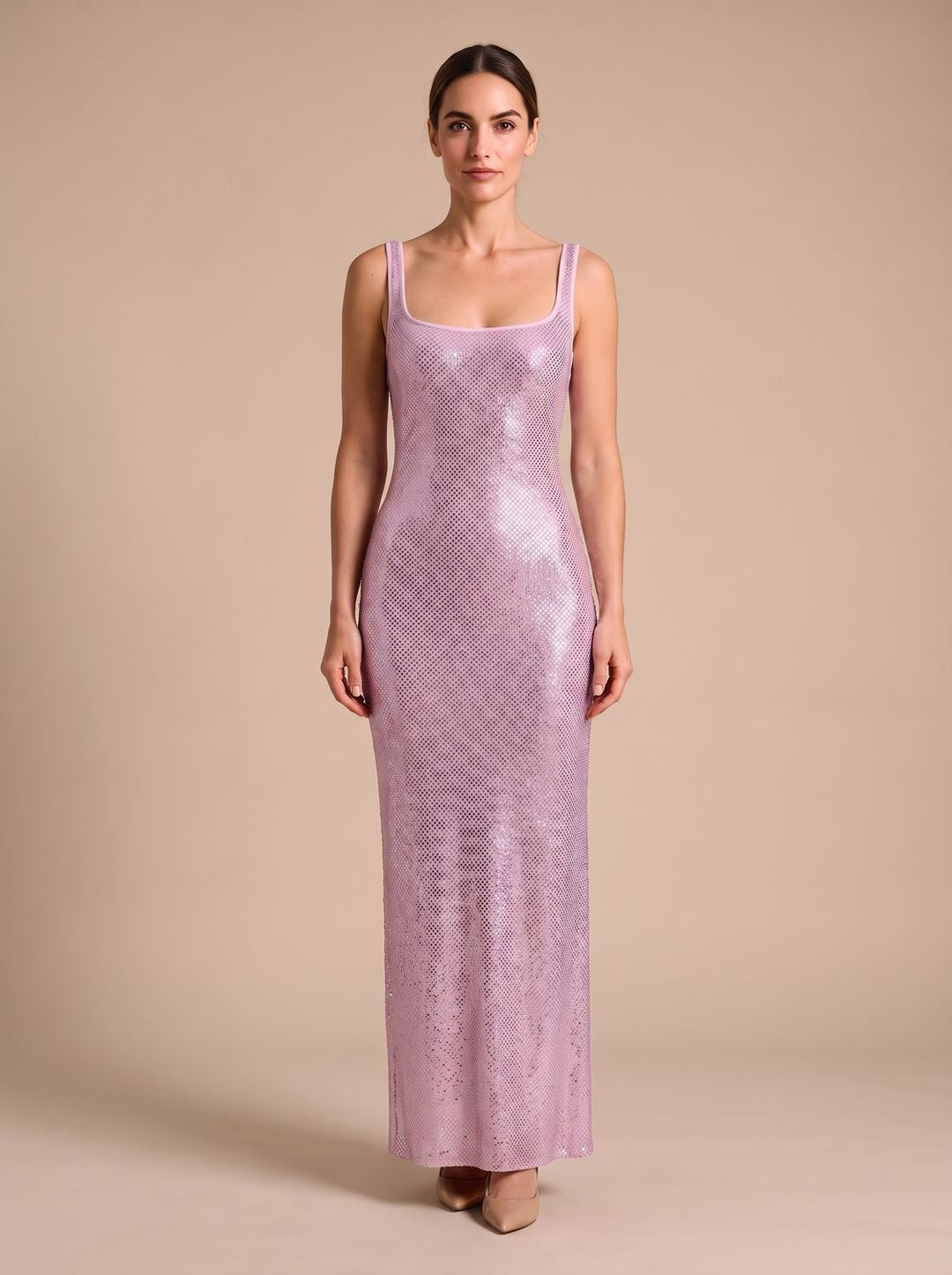 Women's Open-Back Sequin Maxi Dress Square Neckline - Pink
