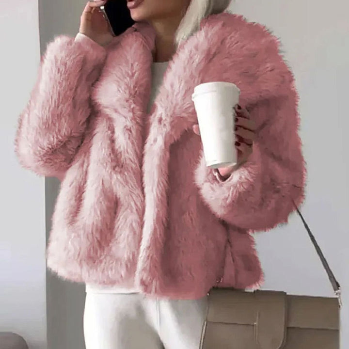Women's Open-Front Cropped Faux Fur Winter Jacket - Pink