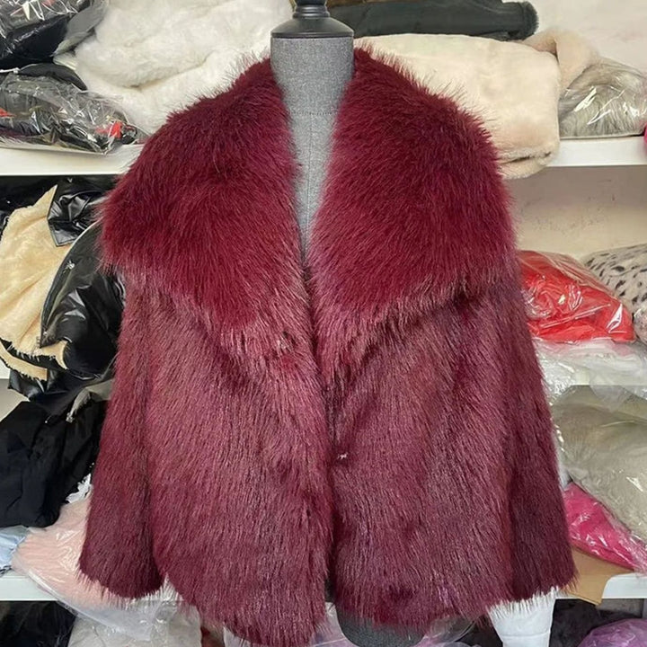 Women's Open-Front Cropped Faux Fur Winter Jacket - Burgundy