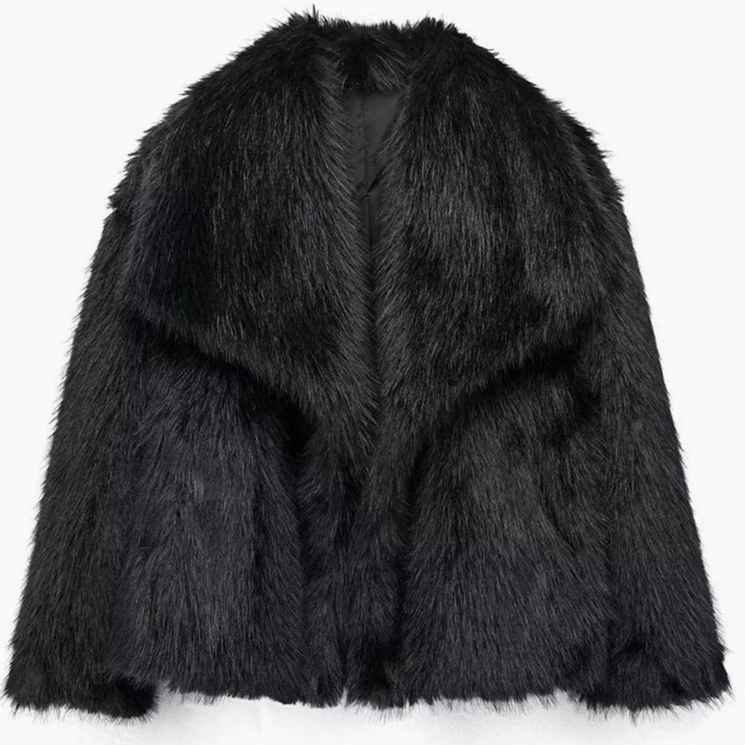 Women's Open-Front Cropped Faux Fur Winter Jacket - Black