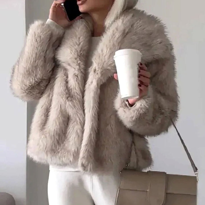 Women's Open-Front Cropped Faux Fur Winter Jacket - Light Brown