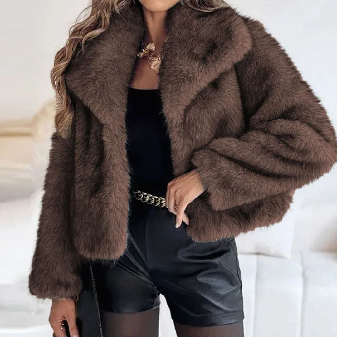Women's Open-Front Cropped Faux Fur Winter Jacket - Brown