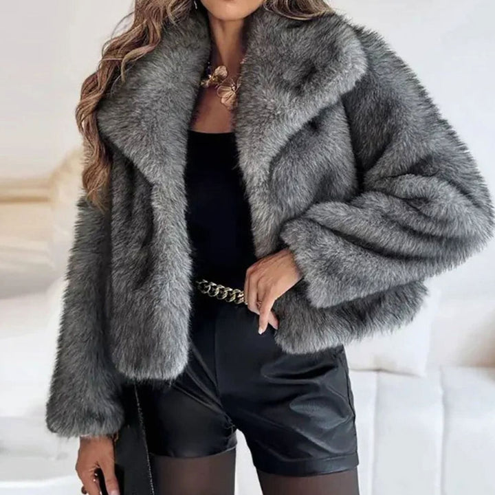 Women's Open-Front Cropped Faux Fur Winter Jacket - Dark Grey