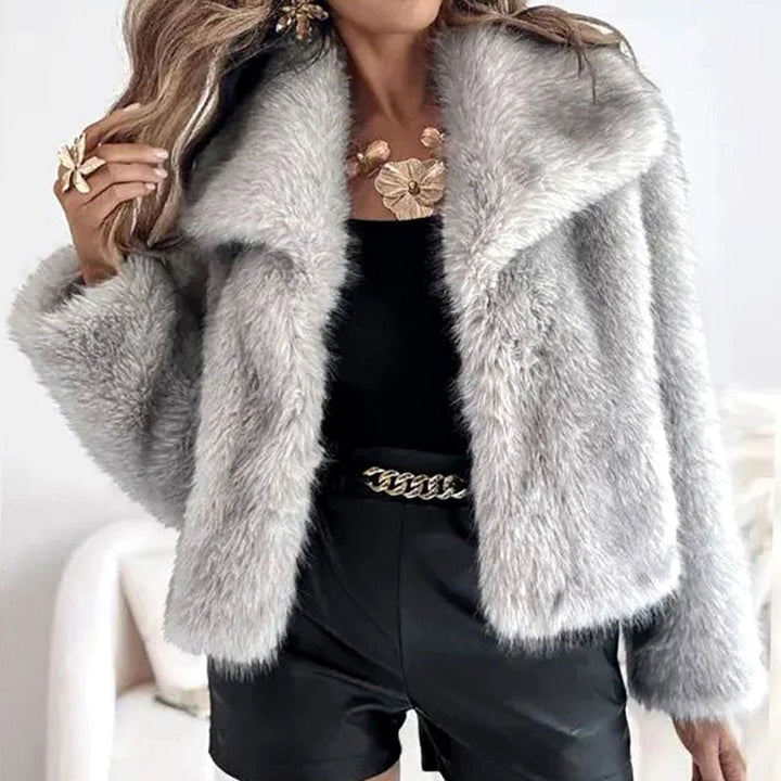 Women's Open-Front Cropped Faux Fur Winter Jacket - Grey