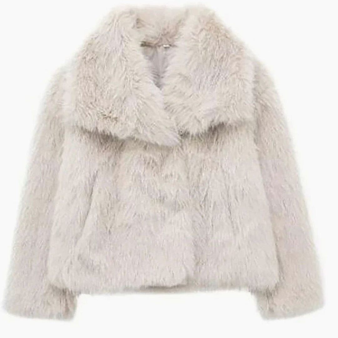 Women's Open-Front Cropped Faux Fur Winter Jacket - Cream