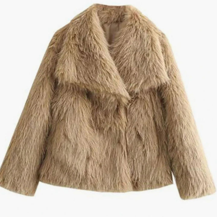 Women's Open-Front Cropped Faux Fur Winter Jacket - Beige