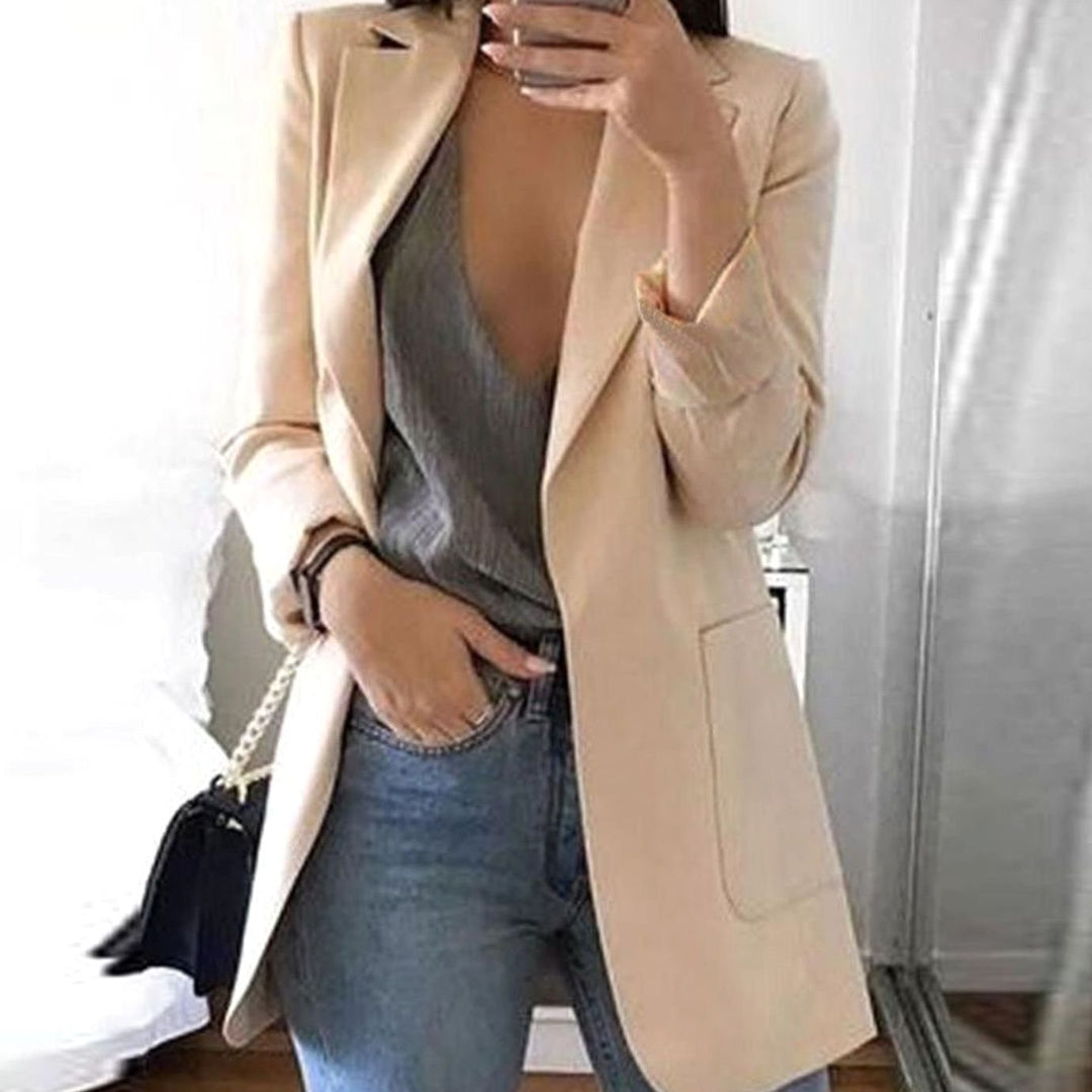 Women's Open-Front Lapel Mid-Length Smart Casual Blazer - Apricot