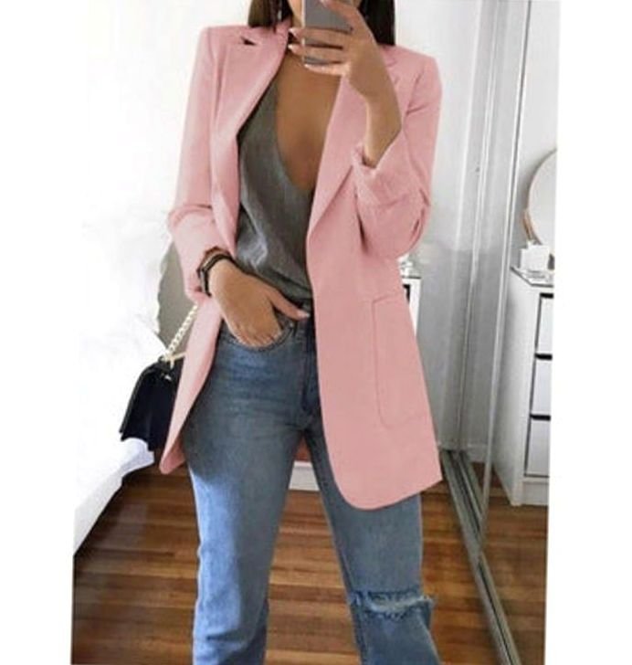 Women's Open-Front Lapel Mid-Length Smart Casual Blazer - Pink