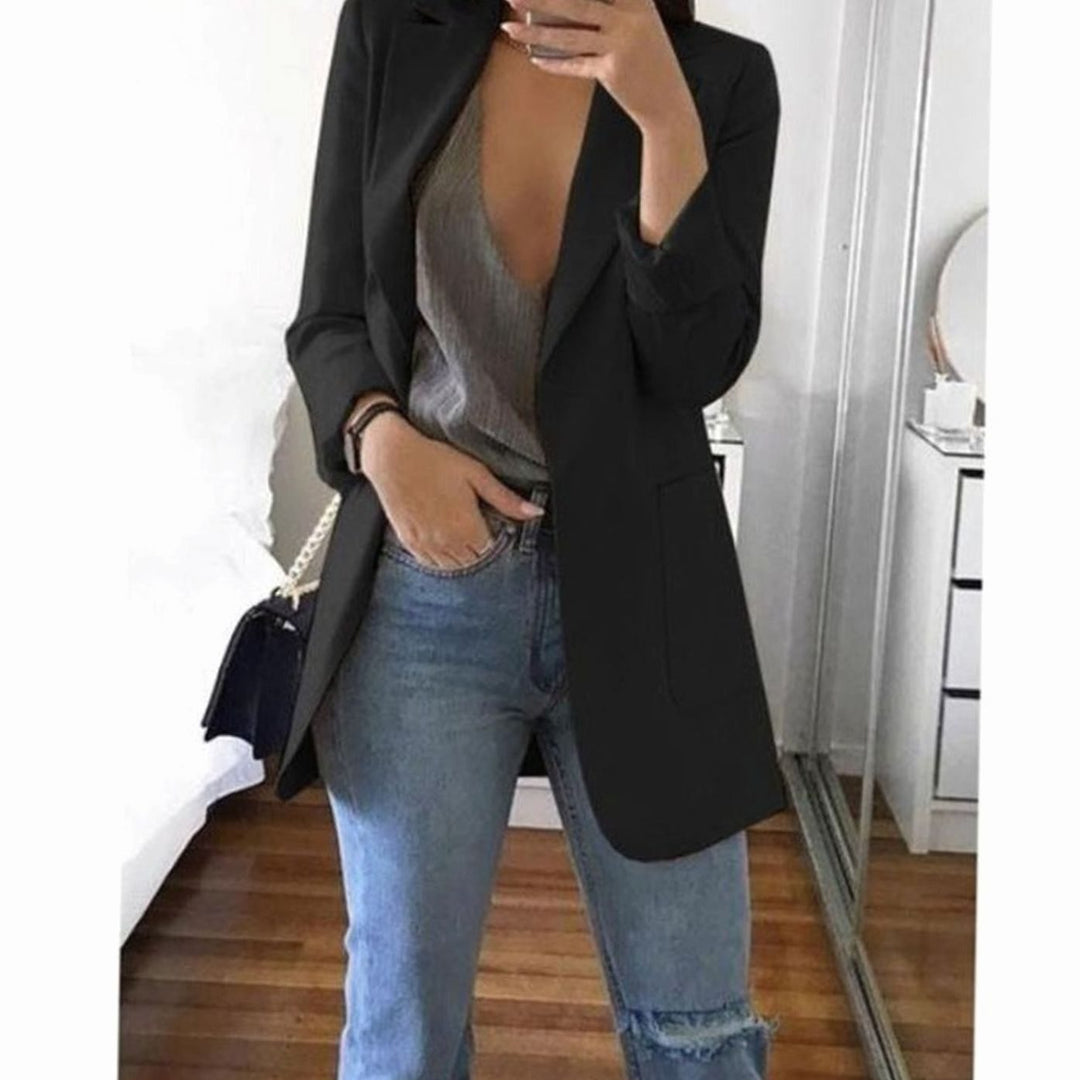 Women's Open-Front Lapel Mid-Length Smart Casual Blazer - Black