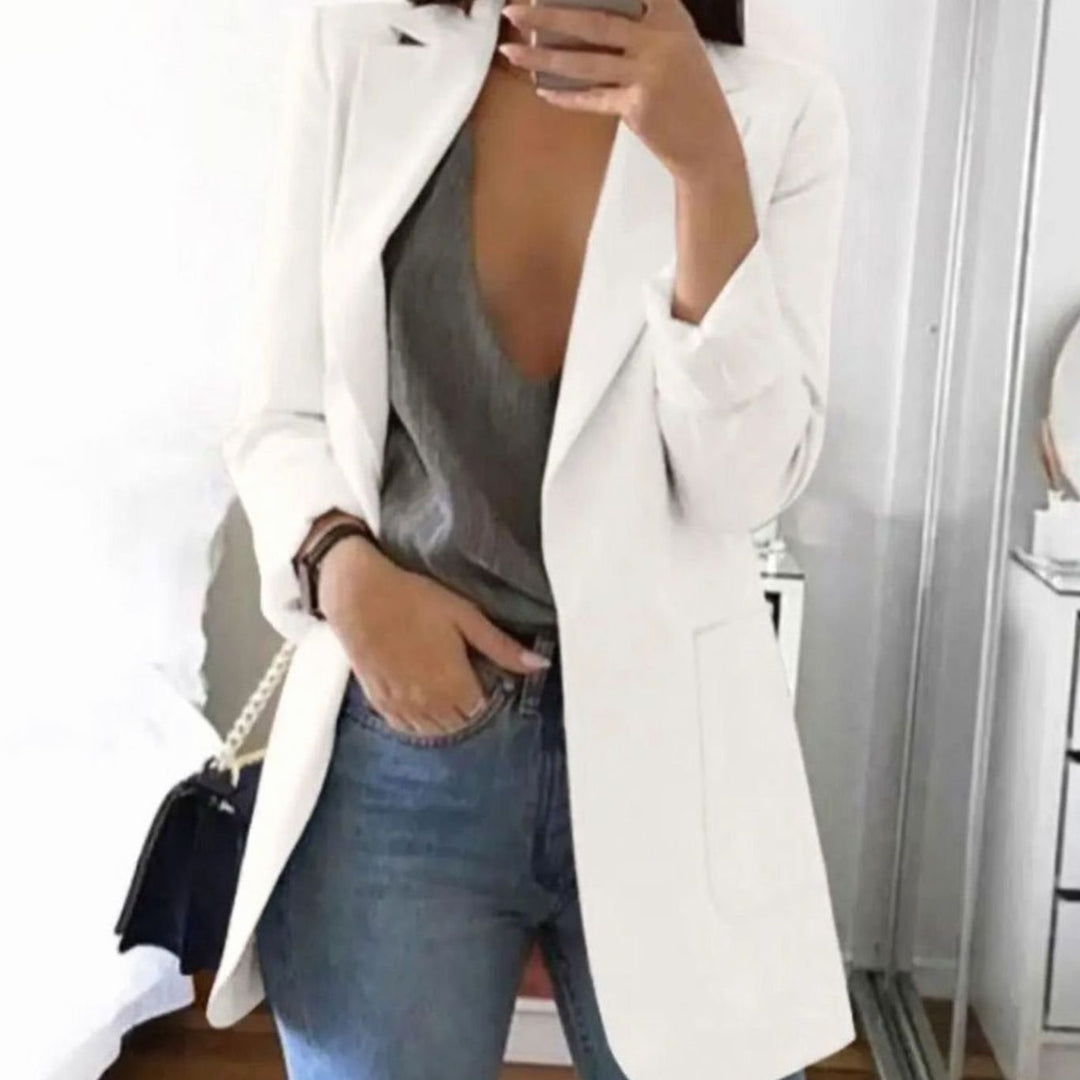 Women's Open-Front Lapel Mid-Length Smart Casual Blazer - White