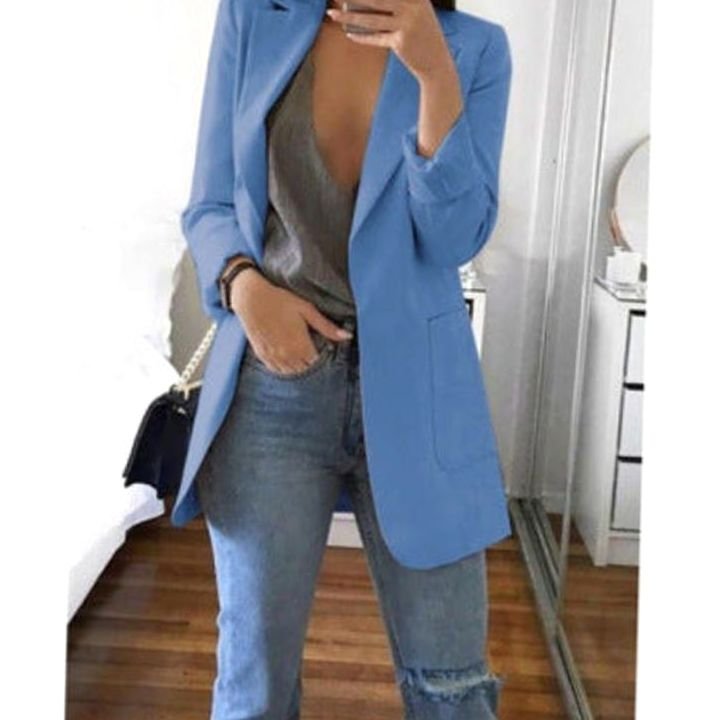Women's Open-Front Lapel Mid-Length Smart Casual Blazer - Blue