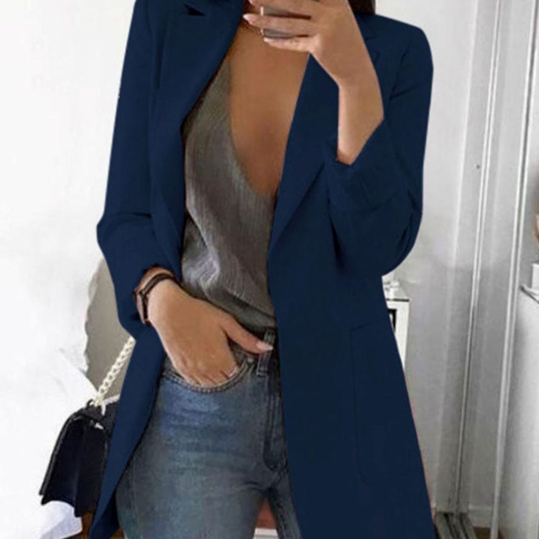 Women's Open-Front Lapel Mid-Length Smart Casual Blazer - Dark Blue