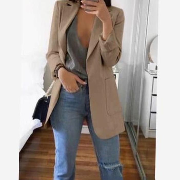 Women's Open-Front Lapel Mid-Length Smart Casual Blazer - Khaki